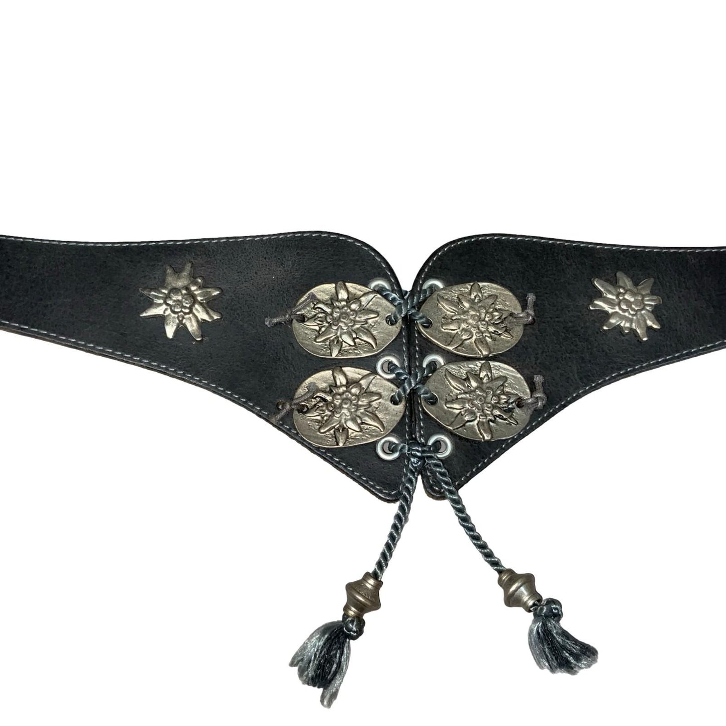 Vtg Black Bavarian Leather Folk Edelweiss Stud Corset-Style Buckle Belt Size S/M