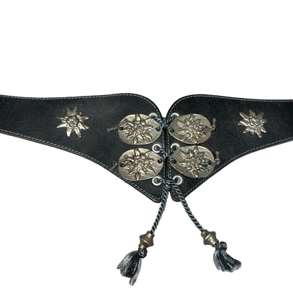 Vtg Black Bavarian Leather Folk Edelweiss Stud Corset-Style Buckle Belt Size S/M