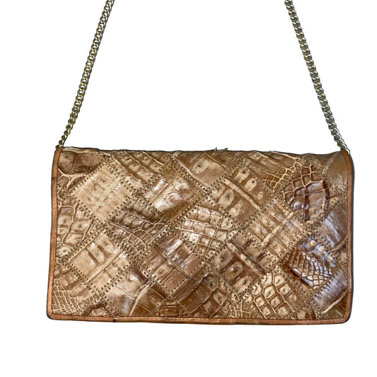 Vtg Brown Patchwork Croc Snake Embossed Boho Clutch Gold Chain Shoulder Bag