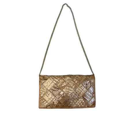 Vtg Brown Patchwork Croc Snake Embossed Boho Clutch Gold Chain Shoulder Bag