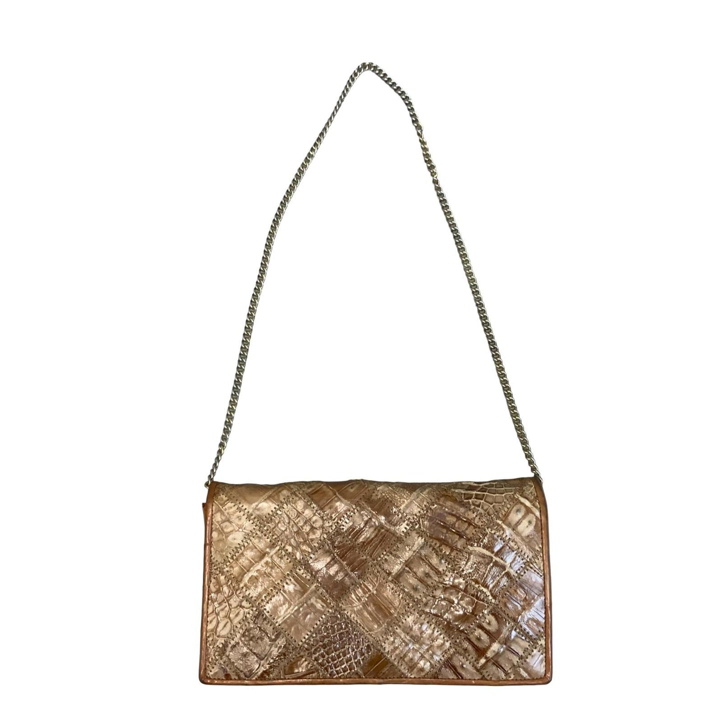 Vtg Brown Patchwork Croc Snake Embossed Boho Clutch Gold Chain Shoulder Bag