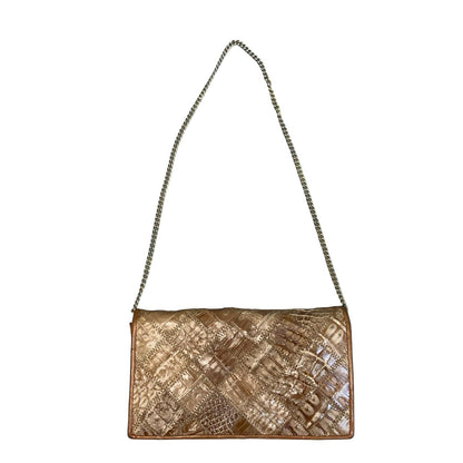 Vtg Brown Patchwork Croc Snake Embossed Boho Clutch Gold Chain Shoulder Bag