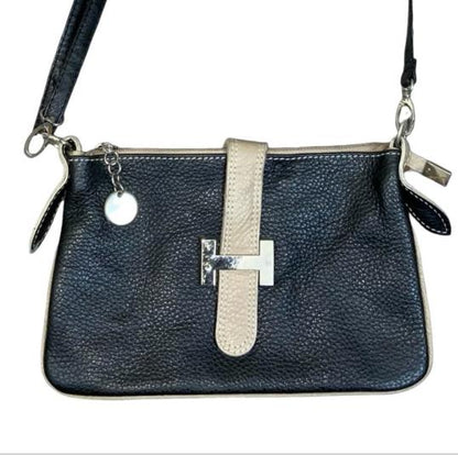 Vtg Black Beige Two Tone Textured Clutch Crossbody Shoulder Leather Handbag
