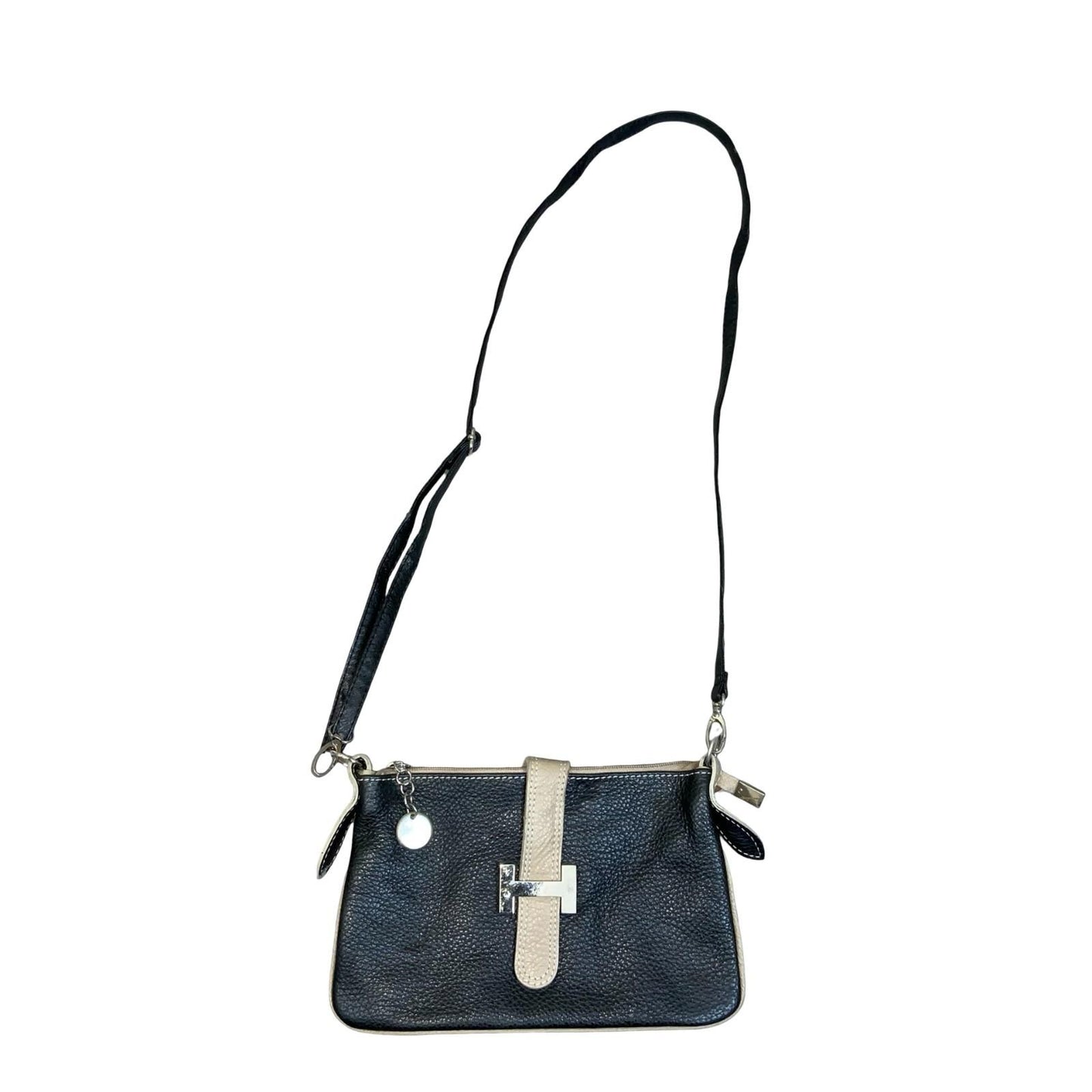 Vtg Black Beige Two Tone Textured Clutch Crossbody Shoulder Leather Handbag