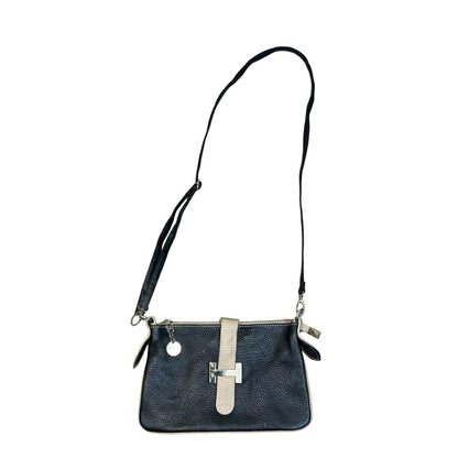 Vtg Black Beige Two Tone Textured Clutch Crossbody Shoulder Leather Handbag