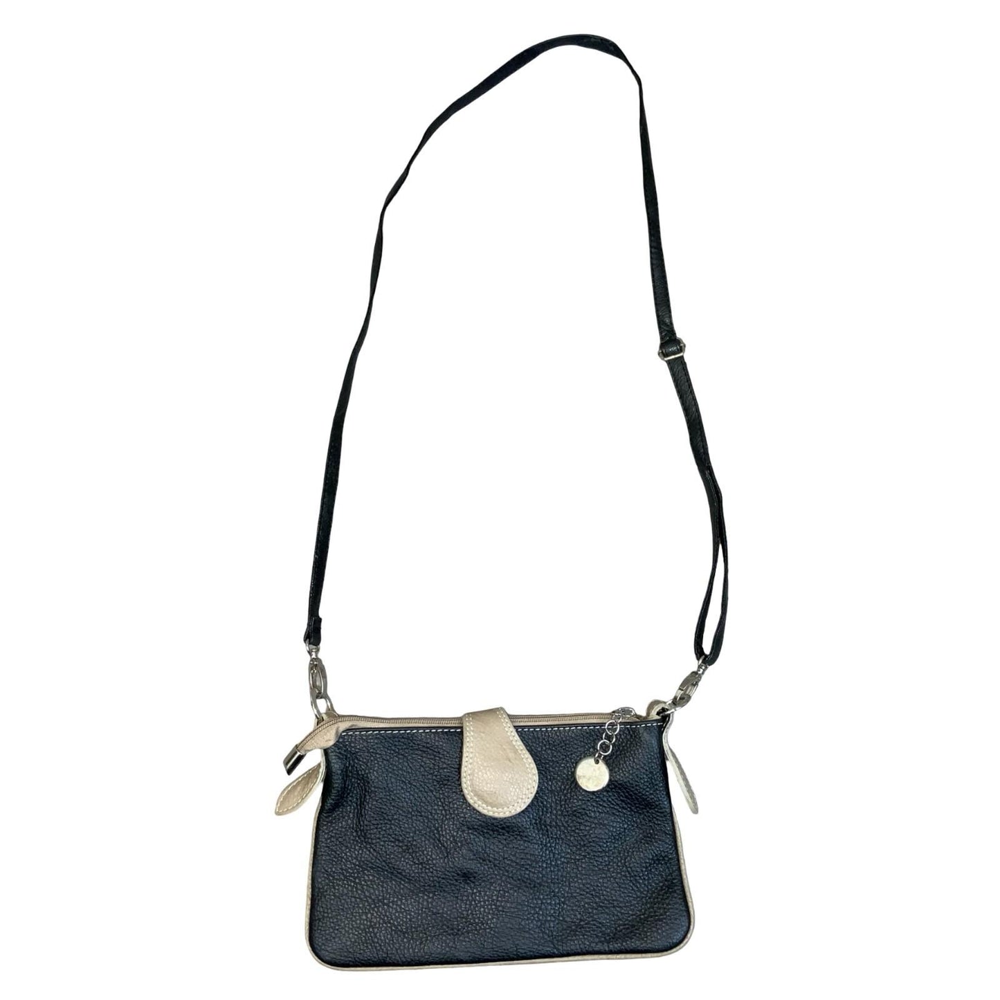 Vtg Black Beige Two Tone Textured Clutch Crossbody Shoulder Leather Handbag