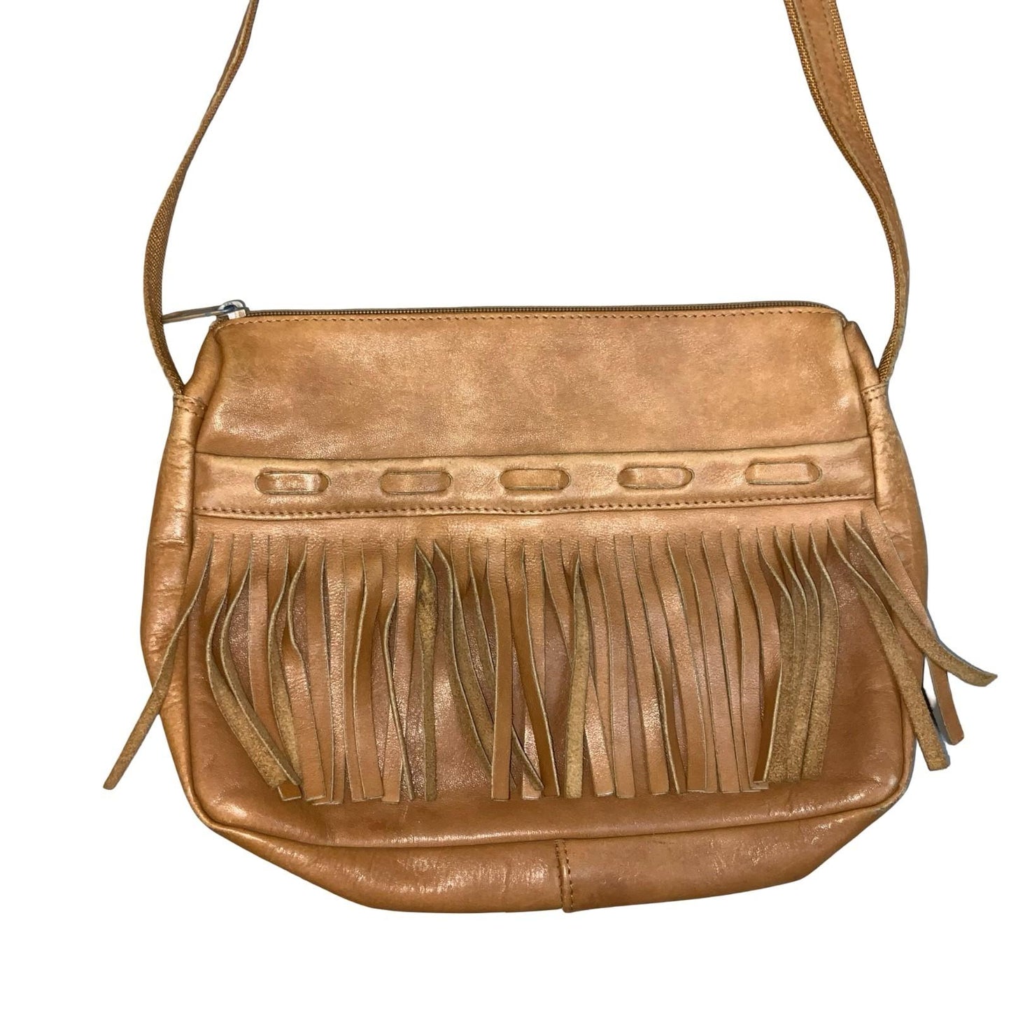 Vtg 90s y2k Brown Caramel Tassel Boho Bohemian Leather Casual Shoulder Handbag