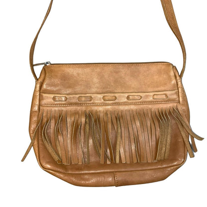 Vtg 90s y2k Brown Caramel Tassel Boho Bohemian Leather Casual Shoulder Handbag