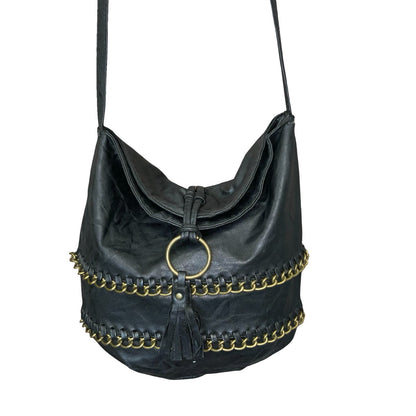 Vtg 90s Black Gold Chain Slouch-Style Tassel Hobo Crossbody Shoulder Handbag