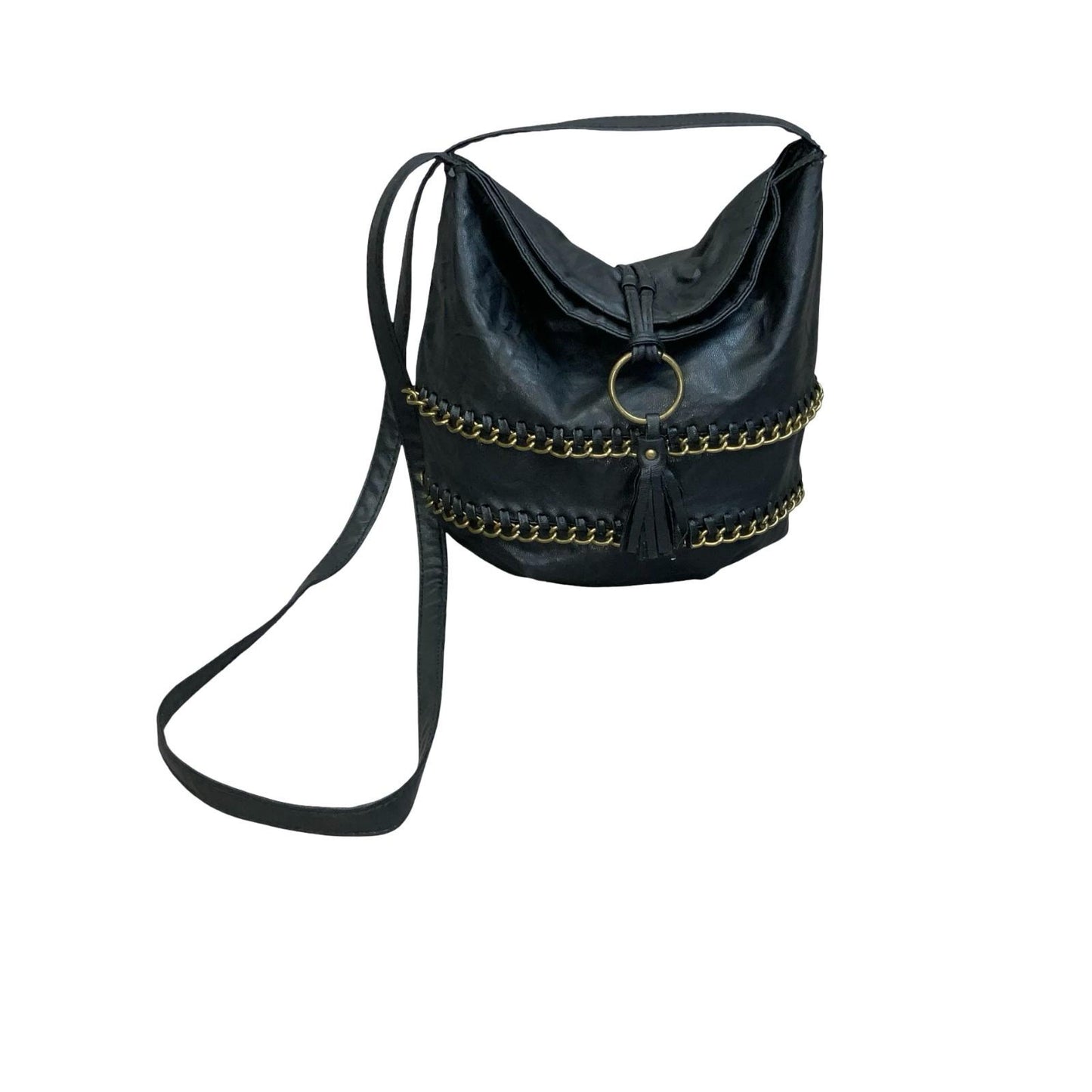 Vtg 90s Black Gold Chain Slouch-Style Tassel Hobo Crossbody Shoulder Handbag