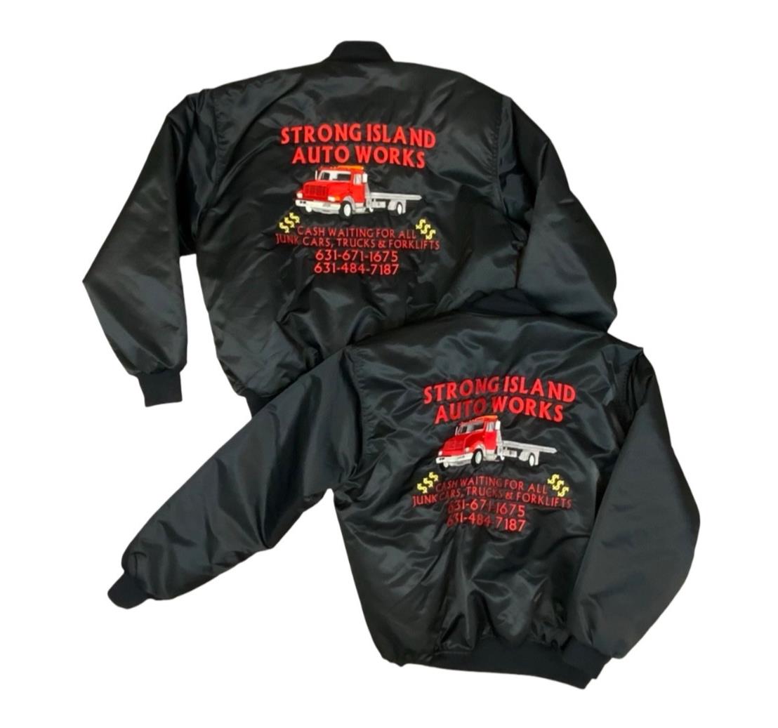 His & Hers Vtg USA Strong Island Auto Works Bob Margaret Silky Bomber Jacket XL