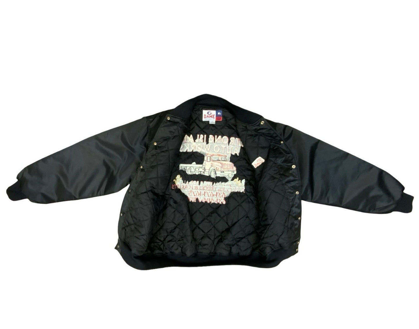 His & Hers Vtg USA Strong Island Auto Works Bob Margaret Silky Bomber Jacket XL