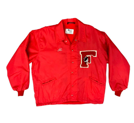 Vtg USA Red Nylon Varsity Jacket Chenille Patch Indian Chain Stitch 2XL