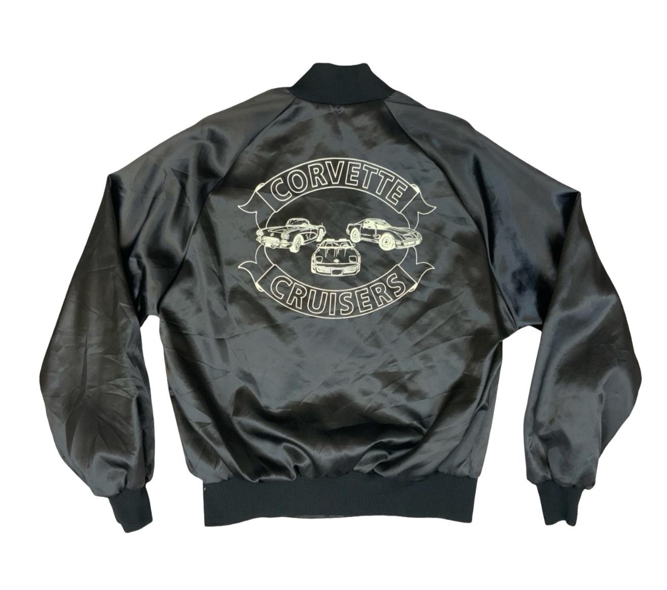 Vtg 80s USA Corvette Cruisers Chevy Hot Rod Car Club Silky Nylon Bomber Jacket L