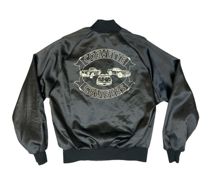 Vtg 80s USA Corvette Cruisers Chevy Hot Rod Car Club Silky Nylon Bomber Jacket L