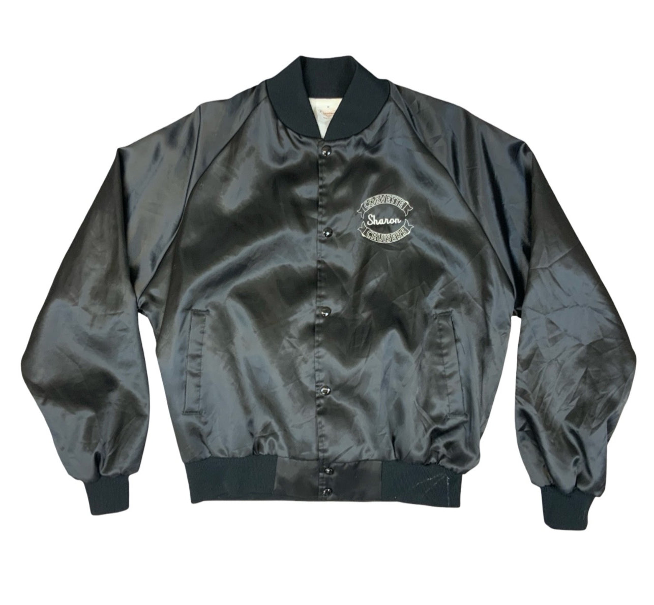 Vtg 80s USA Corvette Cruisers Chevy Hot Rod Car Club Silky Nylon Bomber Jacket L