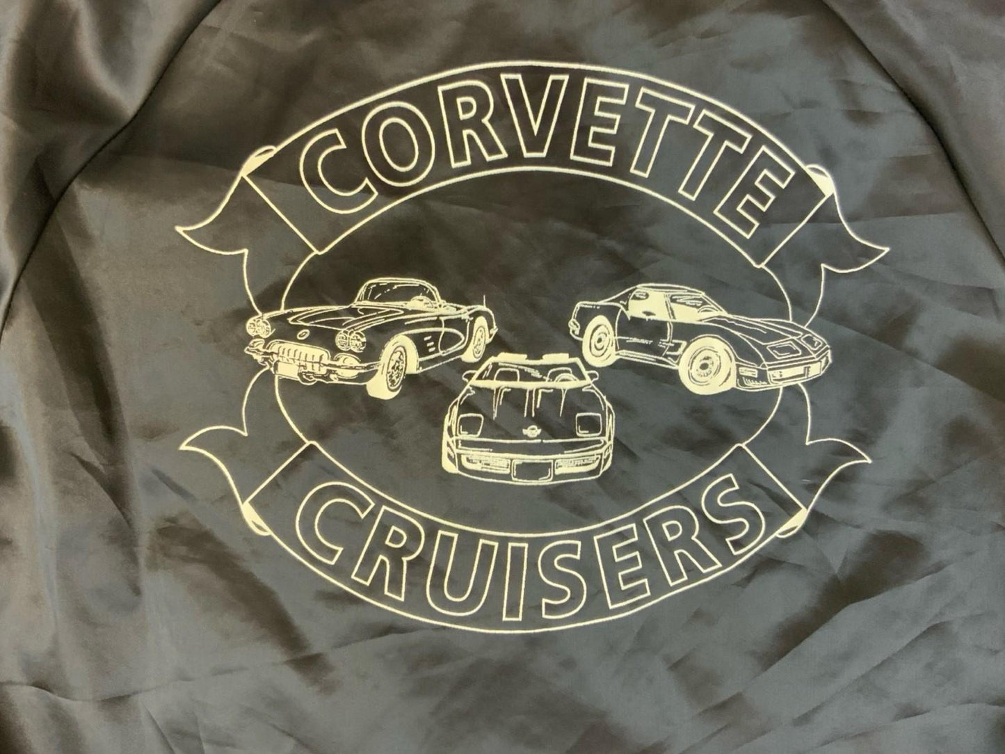 Vtg 80s USA Corvette Cruisers Chevy Hot Rod Car Club Silky Nylon Bomber Jacket L