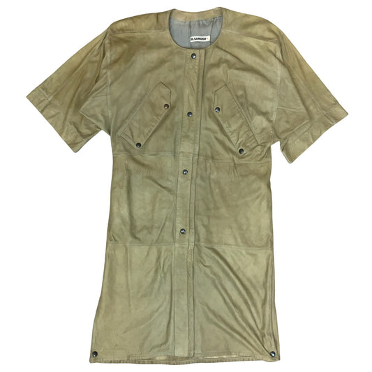 Vtg 'Jil Sander' Beige Suede Snap Button 3/4 Batwing Sleeve Dress M UK 12