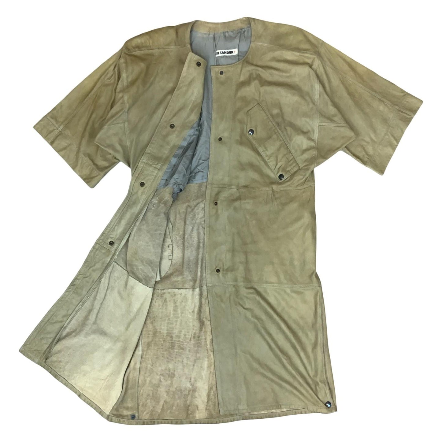 Vtg 'Jil Sander' Beige Suede Snap Button 3/4 Batwing Sleeve Dress M UK 12