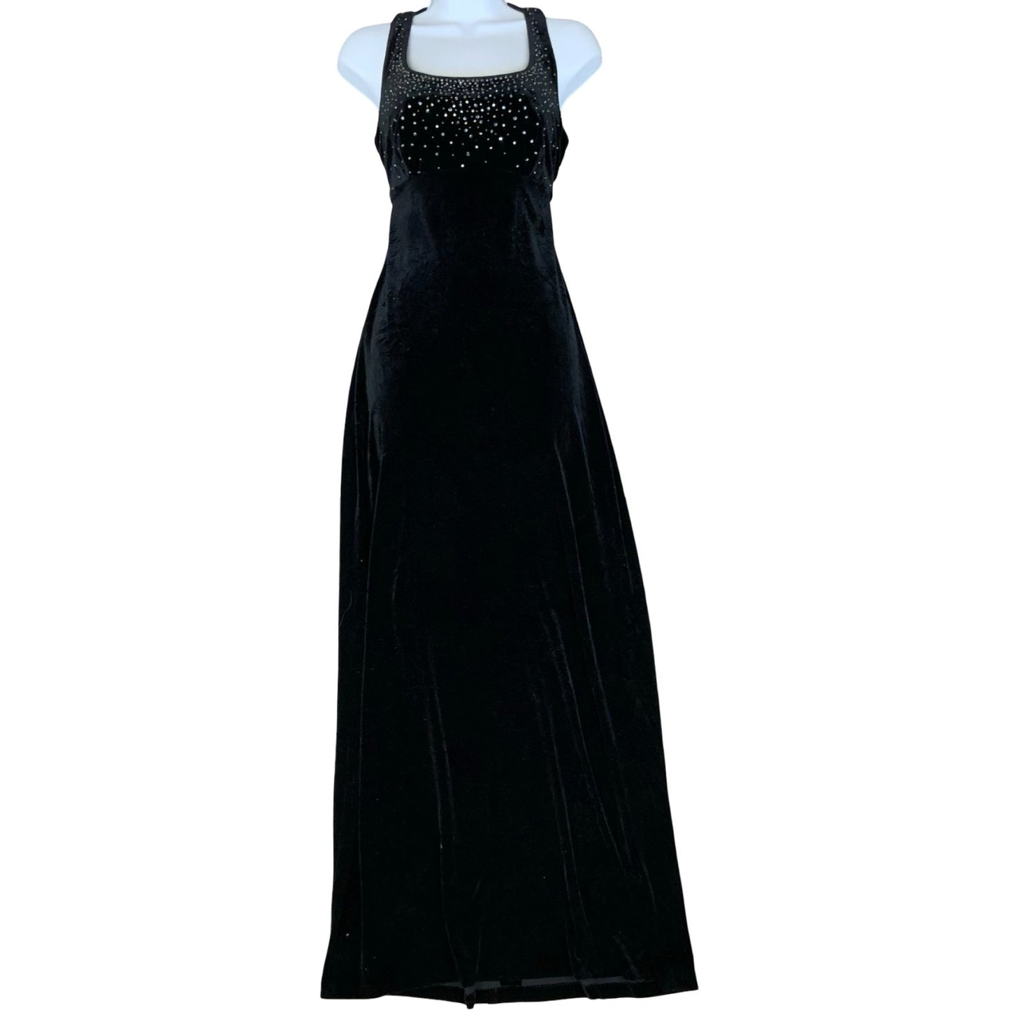 90s 'Alex Evenings' Black Gothic Formal Beaded Empire Velvet Maxi Dress UK 6/8