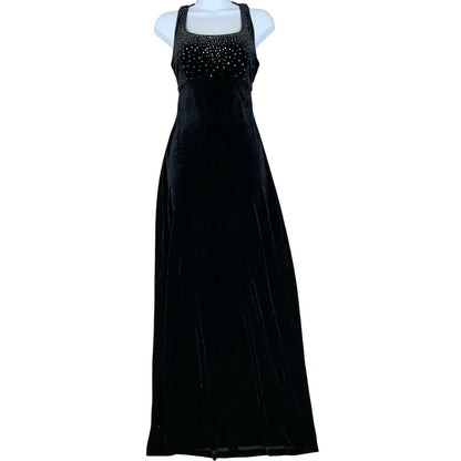 90s 'Alex Evenings' Black Gothic Formal Beaded Empire Velvet Maxi Dress UK 6/8