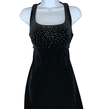 90s 'Alex Evenings' Black Gothic Formal Beaded Empire Velvet Maxi Dress UK 6/8