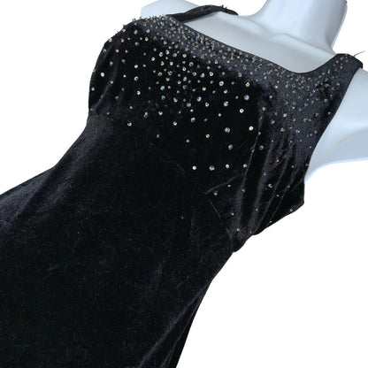 90s 'Alex Evenings' Black Gothic Formal Beaded Empire Velvet Maxi Dress UK 6/8
