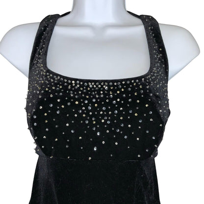 90s 'Alex Evenings' Black Gothic Formal Beaded Empire Velvet Maxi Dress UK 6/8