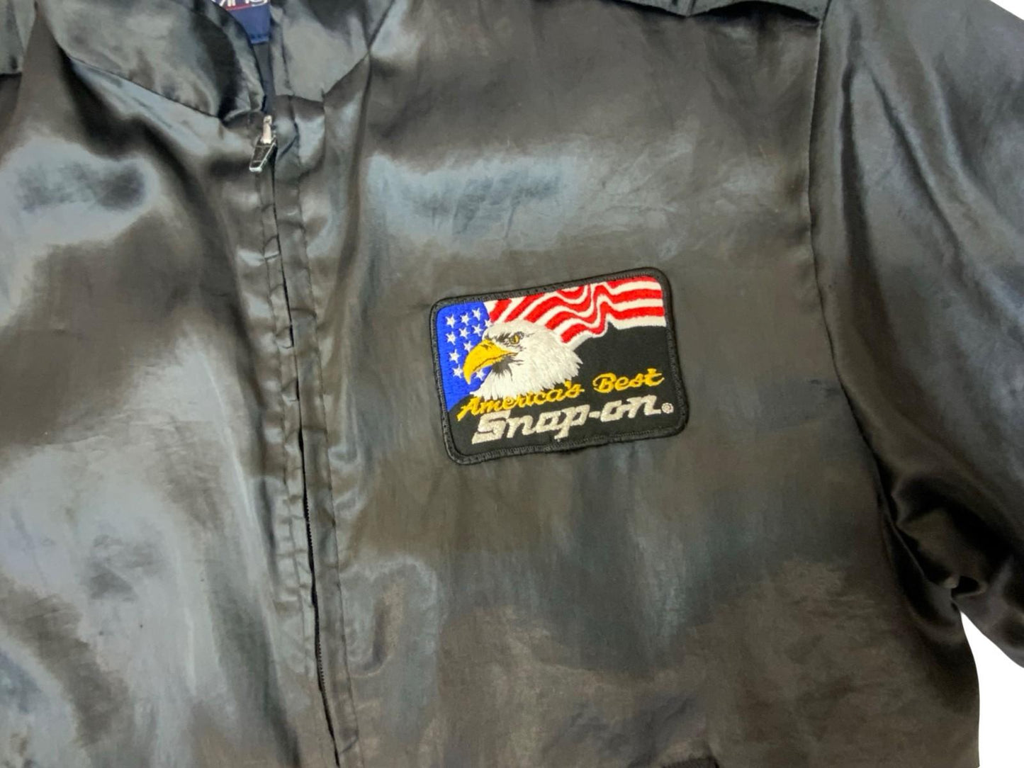 Rare 80s Blk USA Snap On Tools Americas Best Satin Bomber Jacket Hot Rod Drag M