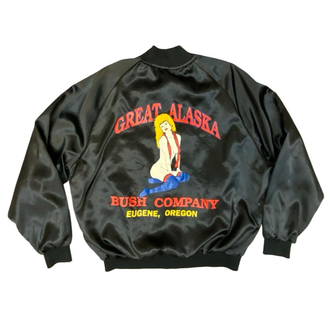 Vtg USA Great Alaska Bush Company Pinup Girl Strip Club Silky Bomber Jacket XXL