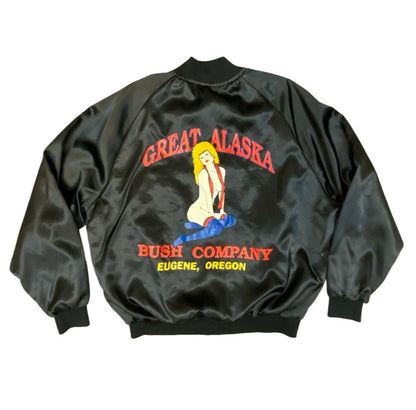 Vtg USA Great Alaska Bush Company Pinup Girl Strip Club Silky Bomber Jacket XXL