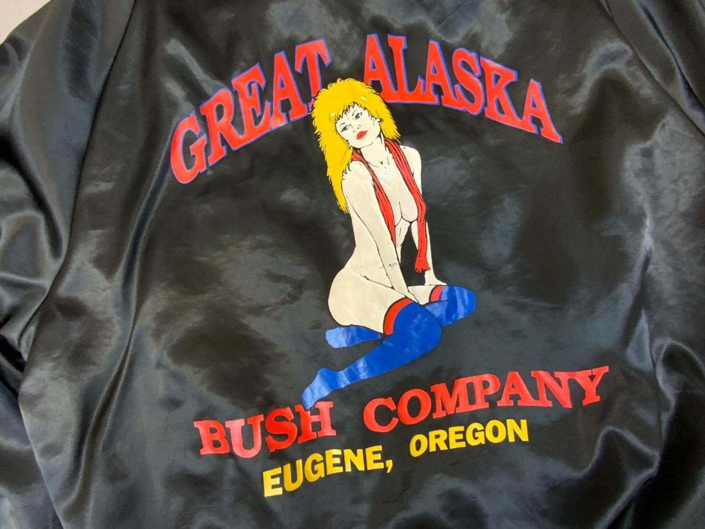 Vtg USA Great Alaska Bush Company Pinup Girl Strip Club Silky Bomber Jacket XXL
