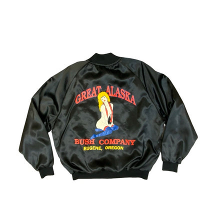 Vtg USA Great Alaska Bush Company Pinup Girl Strip Club Silky Bomber Jacket XXL