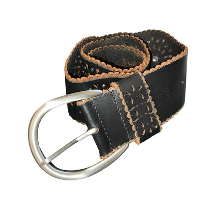 Black Brown Leather 'Esprit' Women's Cut-Out Floral Casual Wide Belt M UK 12/14