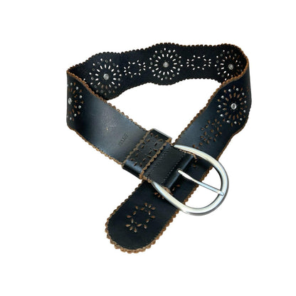 Black Brown Leather 'Esprit' Women's Cut-Out Floral Casual Wide Belt M UK 12/14