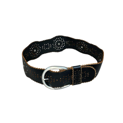 Black Brown Leather 'Esprit' Women's Cut-Out Floral Casual Wide Belt M UK 12/14