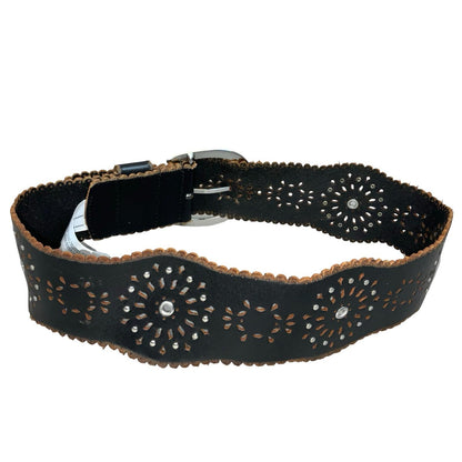 Black Brown Leather 'Esprit' Women's Cut-Out Floral Casual Wide Belt M UK 12/14
