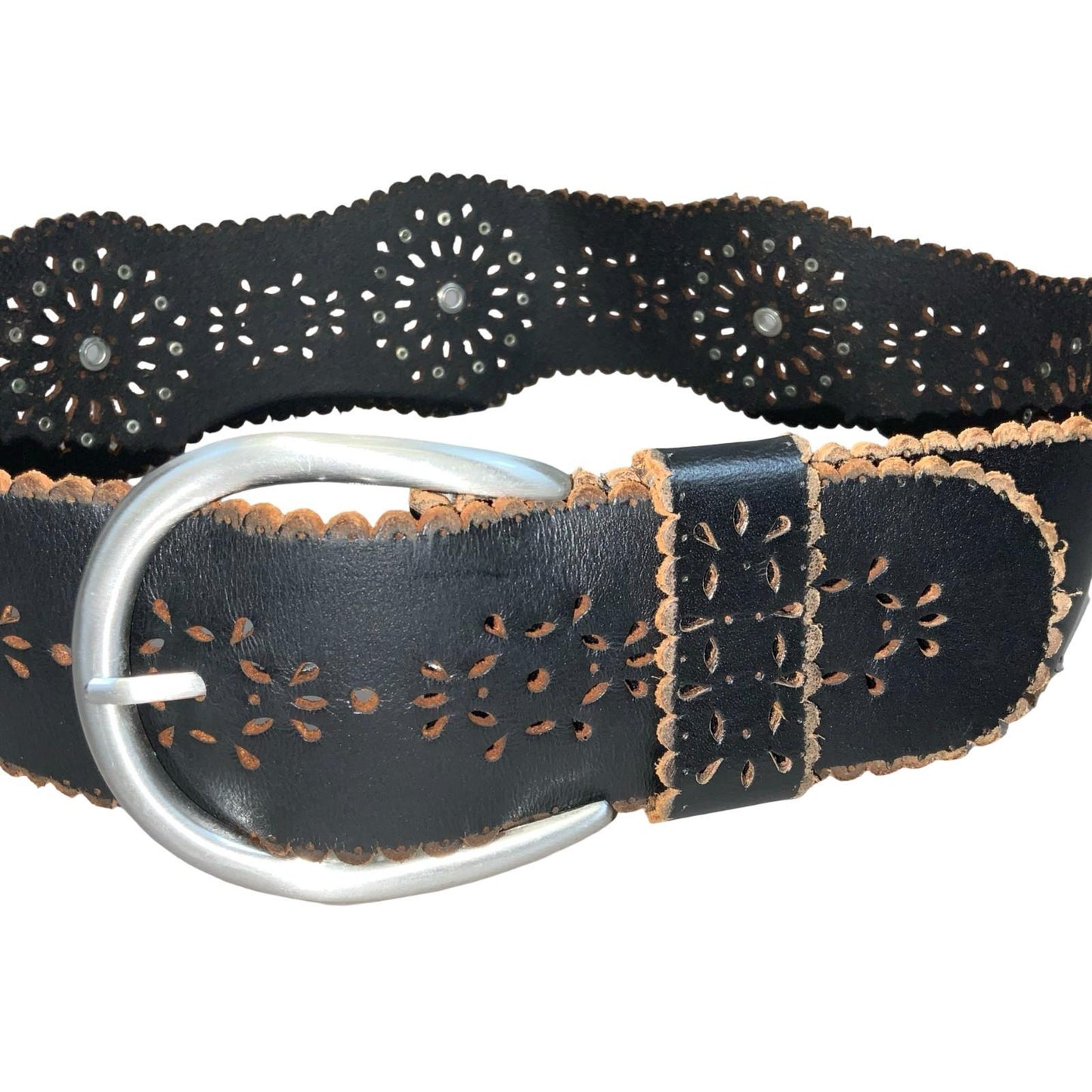 Black Brown Leather 'Esprit' Women's Cut-Out Floral Casual Wide Belt M UK 12/14