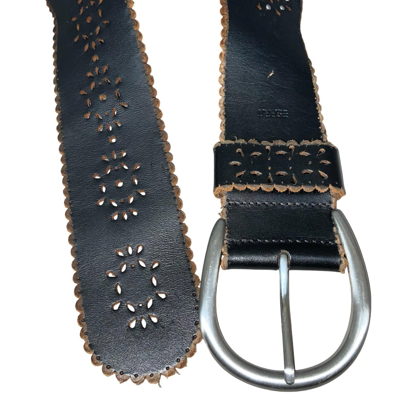 Black Brown Leather 'Esprit' Women's Cut-Out Floral Casual Wide Belt M UK 12/14