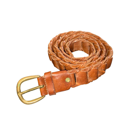 Vtg 90s Brown Genuine Leather Link Belt Brass Adjustable Italian Belt (one-size)