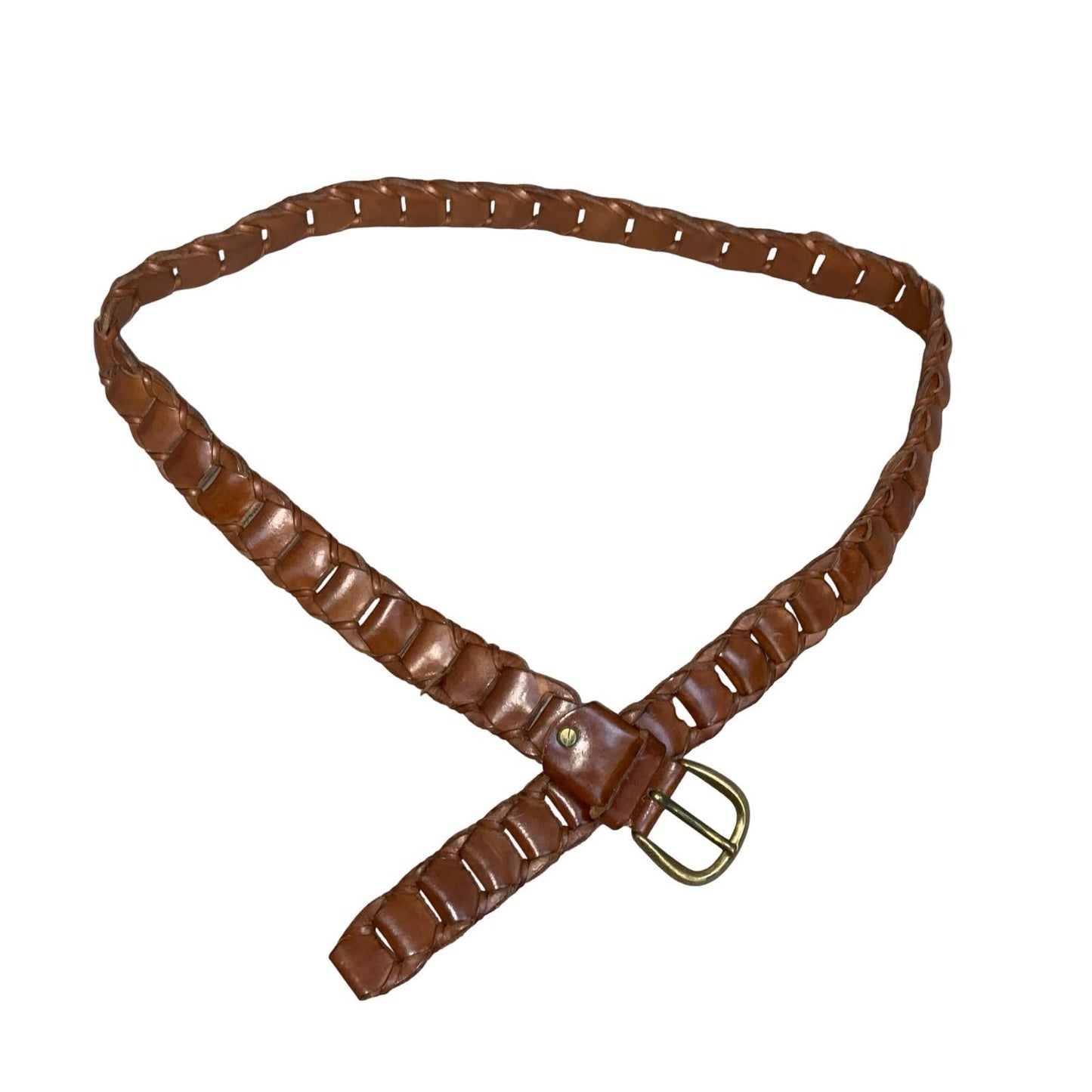 Vtg 90s Brown Genuine Leather Link Belt Brass Adjustable Italian Belt (one-size)