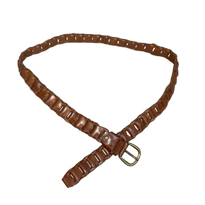 Vtg 90s Brown Genuine Leather Link Belt Brass Adjustable Italian Belt (one-size)