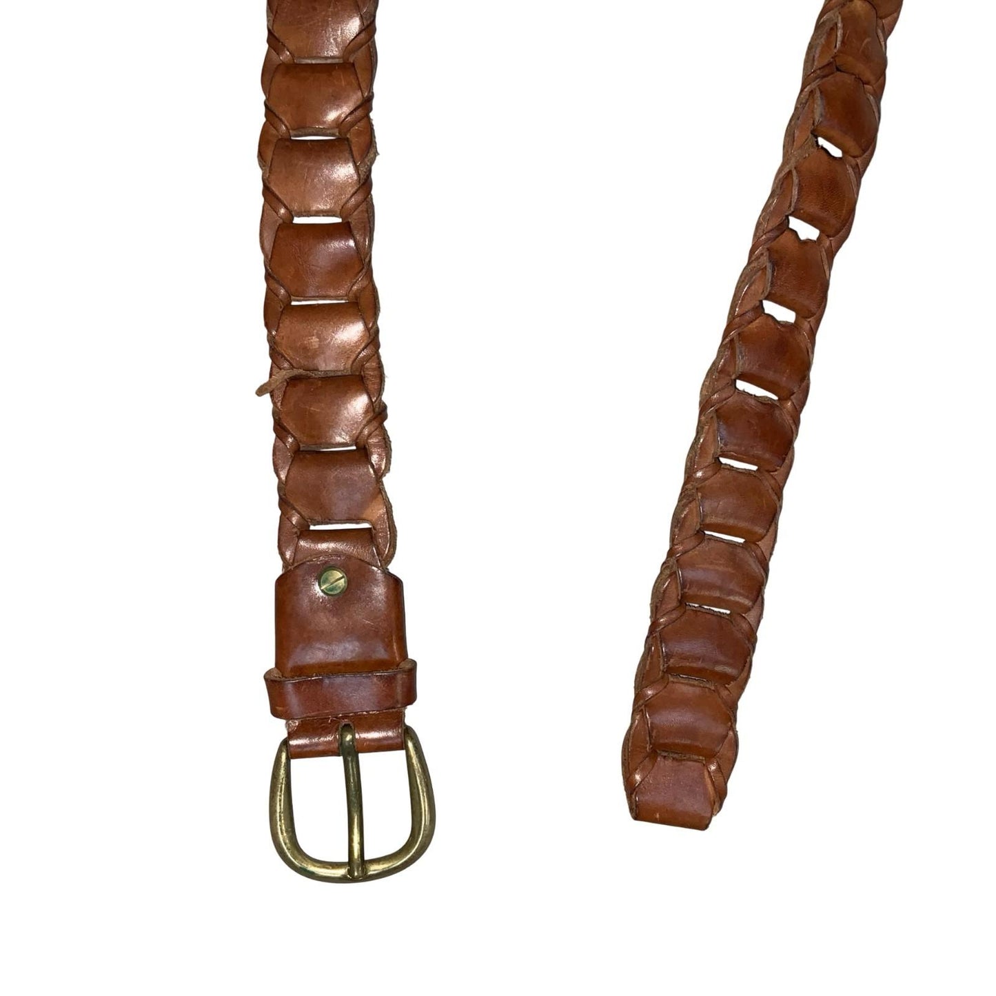 Vtg 90s Brown Genuine Leather Link Belt Brass Adjustable Italian Belt (one-size)