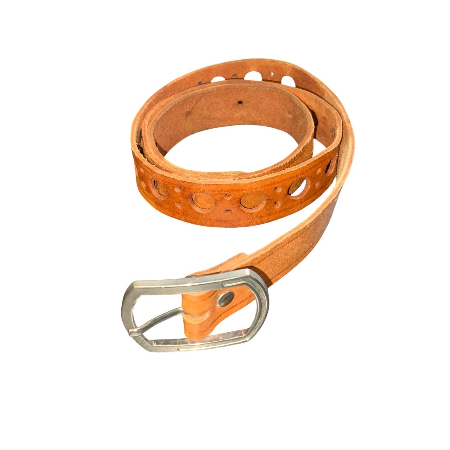 Vtg 80s 90s Brown Leather Silver Buckle Cut-Out Circle Detail Skinny Belt M/L