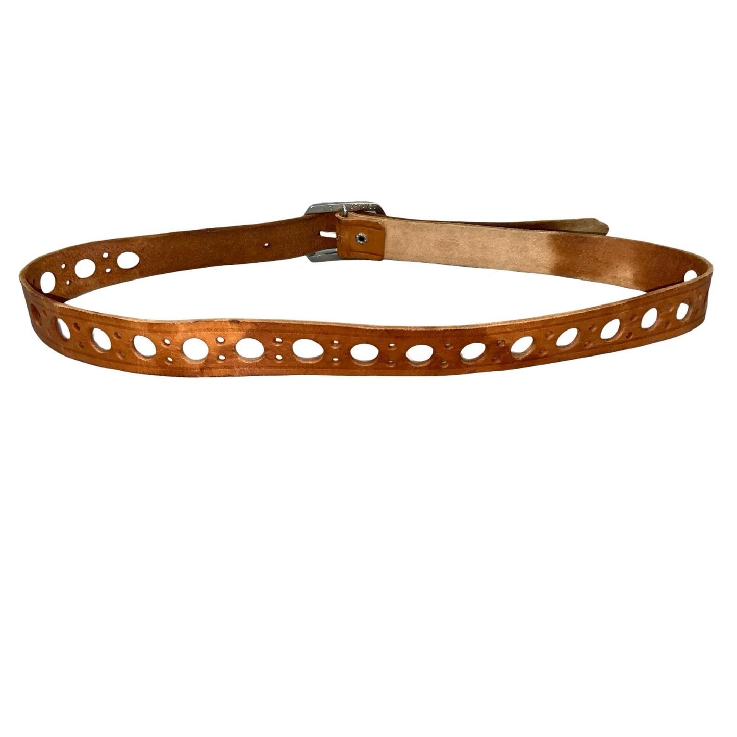 Vtg 80s 90s Brown Leather Silver Buckle Cut-Out Circle Detail Skinny Belt M/L