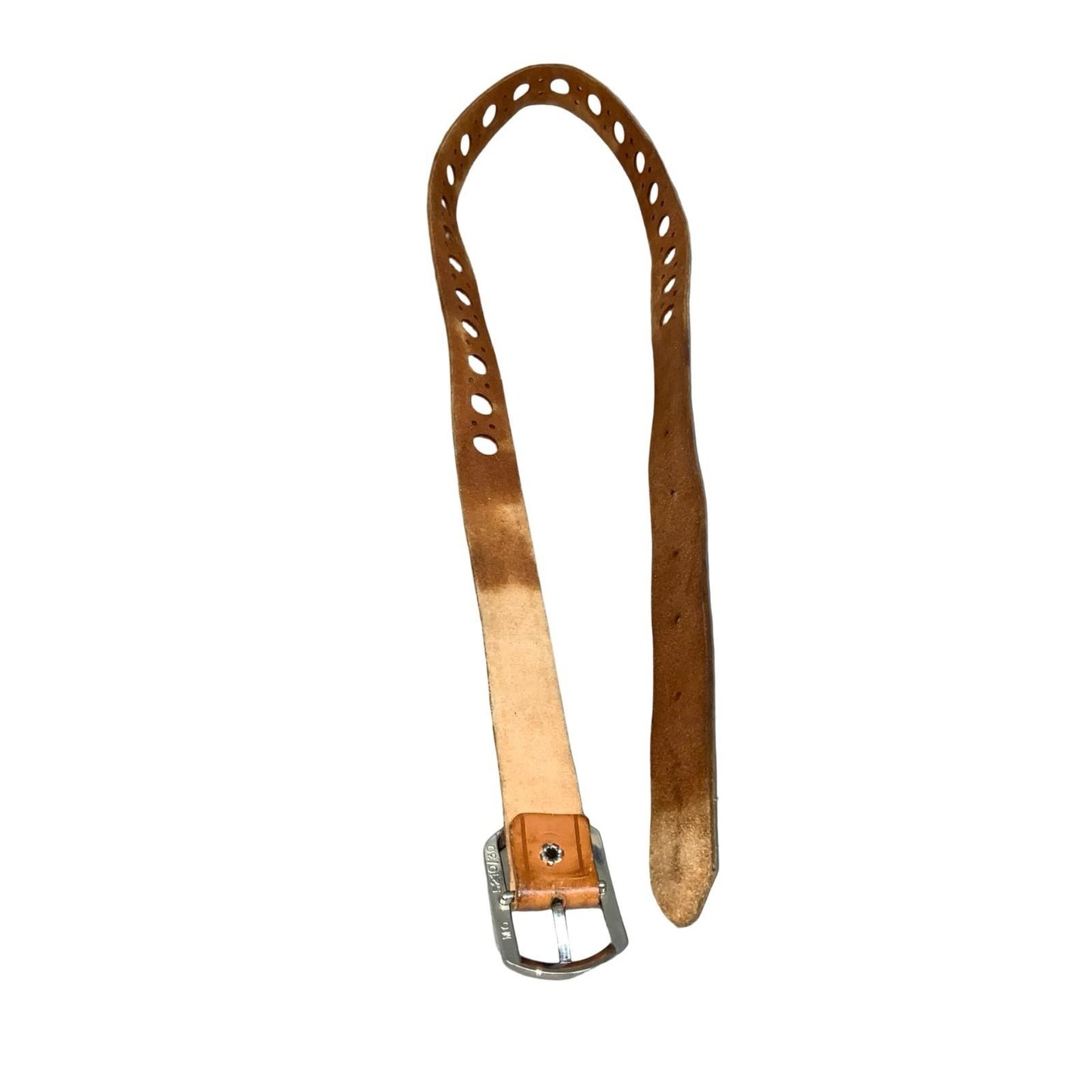 Vtg 80s 90s Brown Leather Silver Buckle Cut-Out Circle Detail Skinny Belt M/L