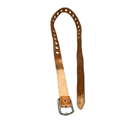 Vtg 80s 90s Brown Leather Silver Buckle Cut-Out Circle Detail Skinny Belt M/L
