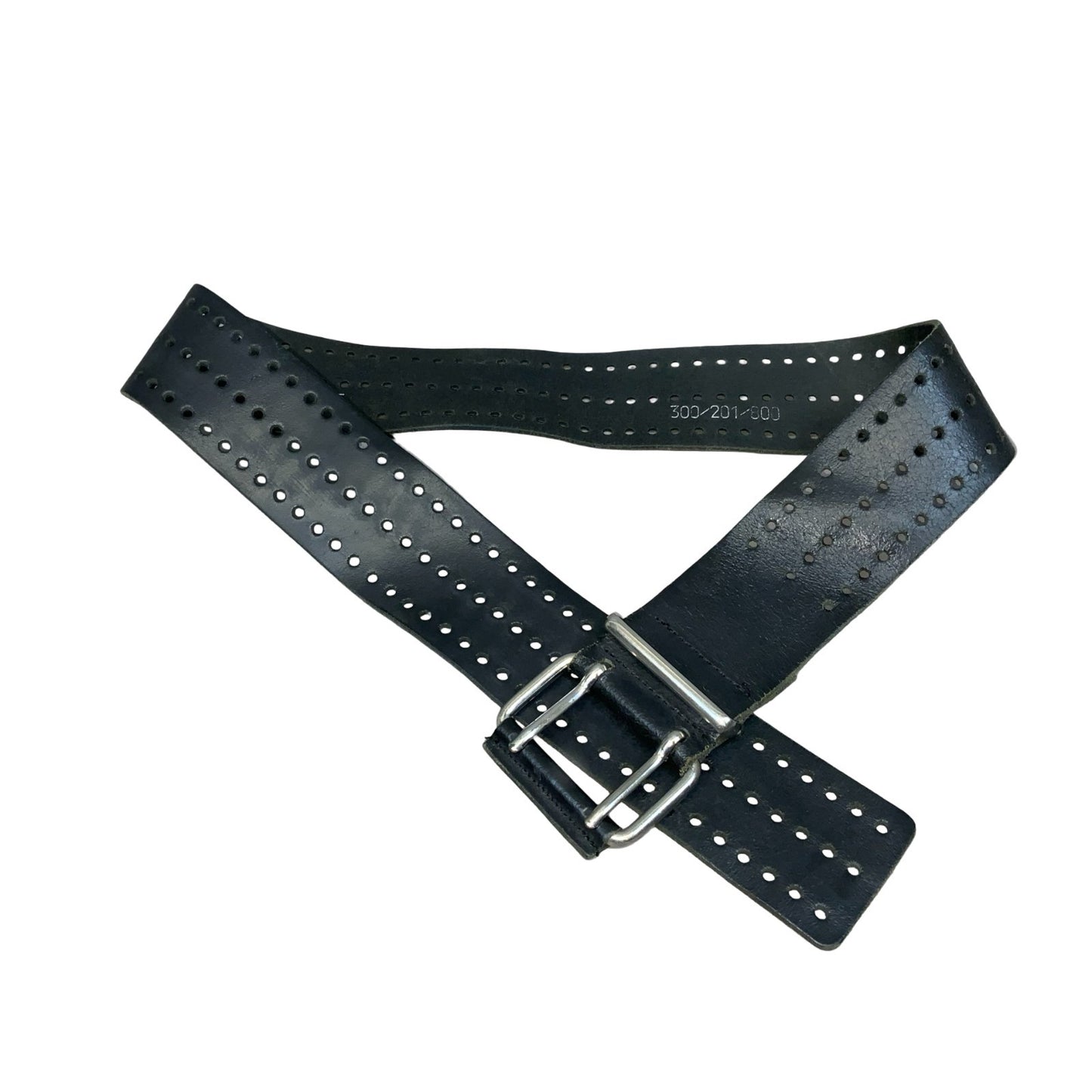 90s Black Distressed Cut-Out Hole Silver Square Buckle Leather Belt S UK 8/10