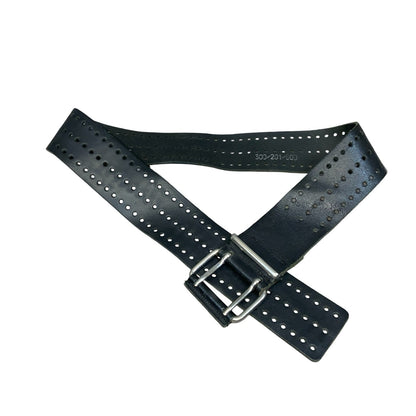 90s Black Distressed Cut-Out Hole Silver Square Buckle Leather Belt S UK 8/10