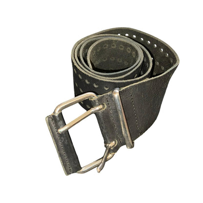90s Black Distressed Cut-Out Hole Silver Square Buckle Leather Belt S UK 8/10
